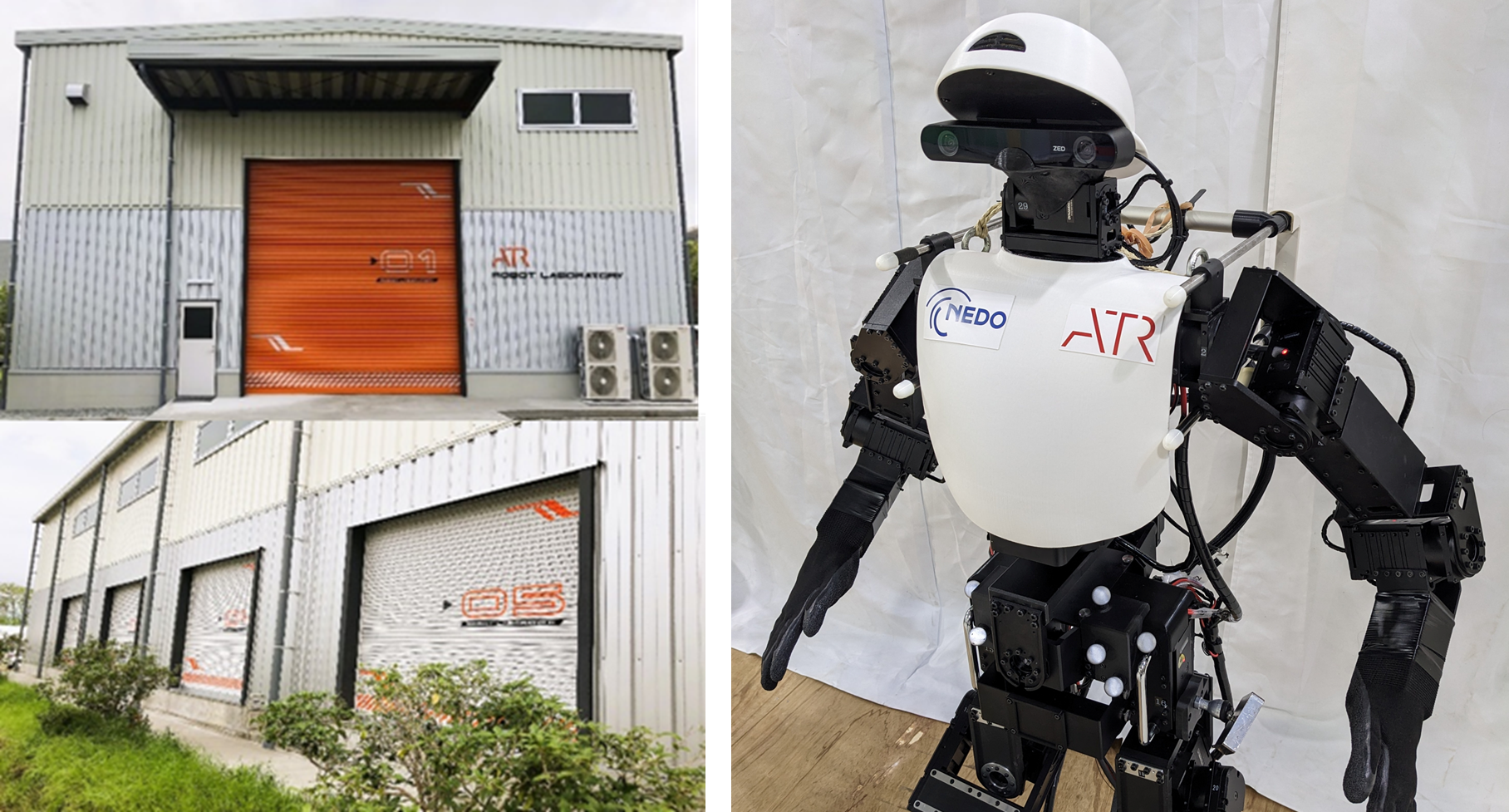 図1　「ロボットスケートパーク」が内部に構築されている ATRのロボット実験棟の外観（左）とAIを搭載したヒューマノイドロボット（右）