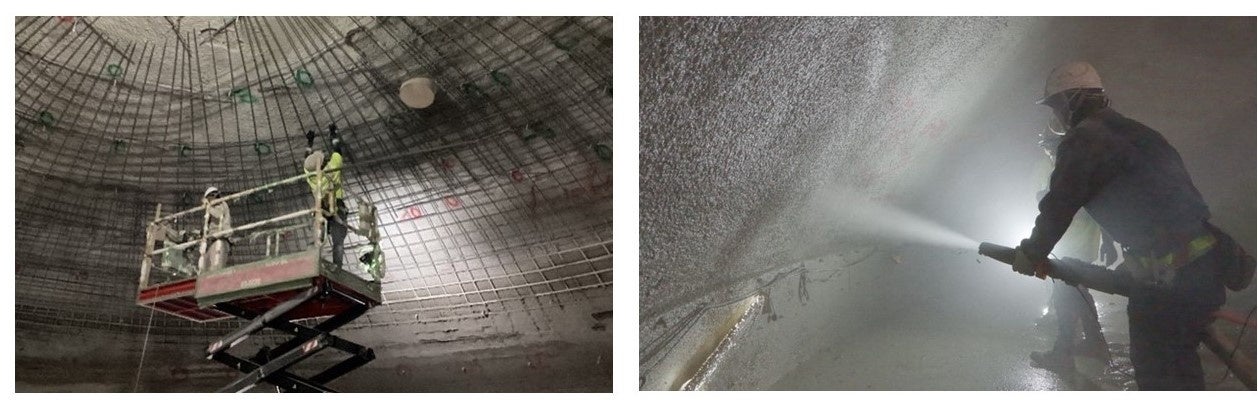 図5　PVCテント内への配筋およびコンクリート吹き付けの様相