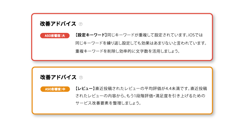 ▲改善アドバイスの表示例。ASOのノウハウが少ないマーケターでも影響度に合わせた対策をクイックに行うことができる