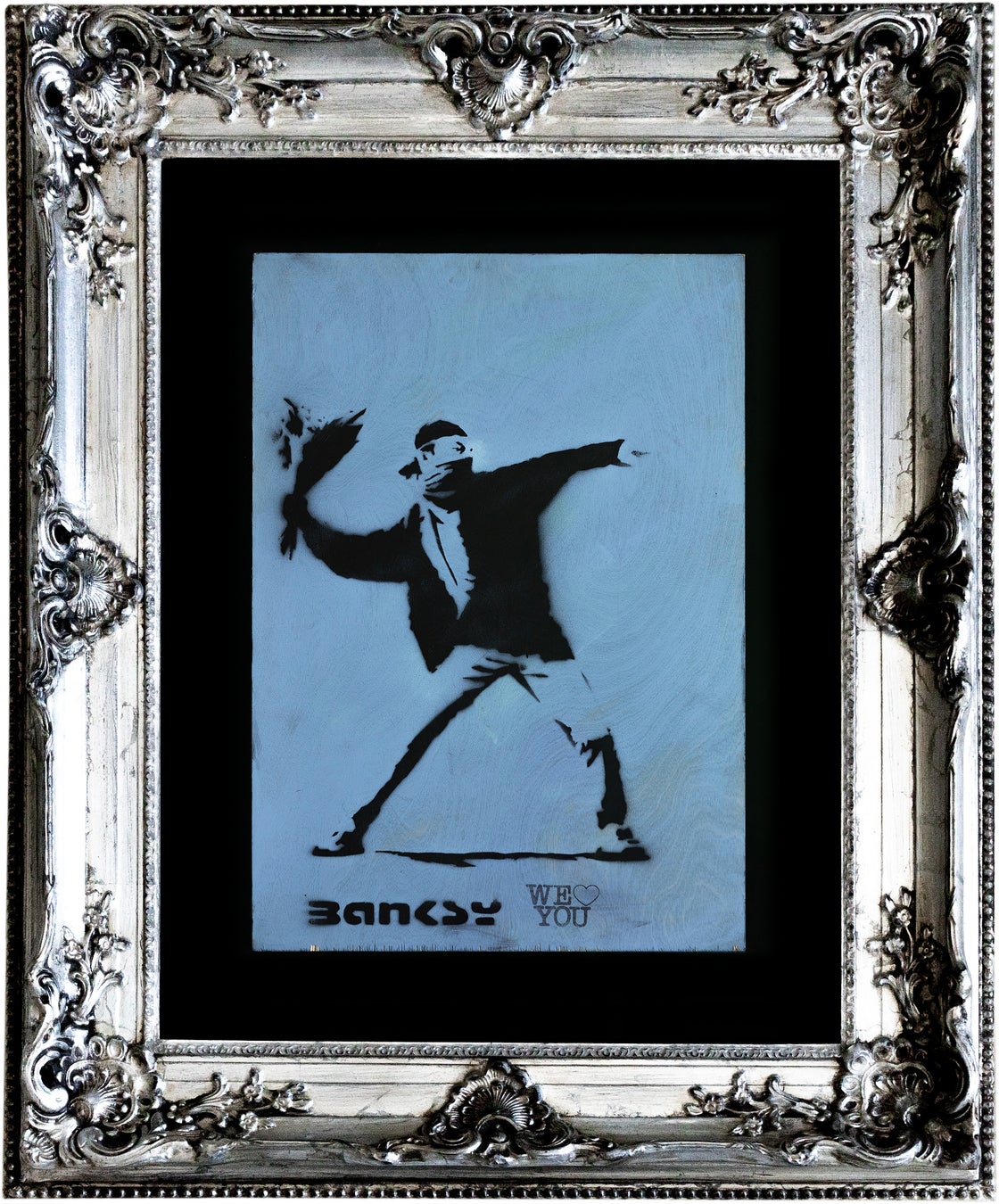 肉筆油絵F20号『非爆弾(花束)を投げる民兵』/Banksy/模写 世界に1点、バンクシー「花束を投げる暴徒」を公開!世界初公開