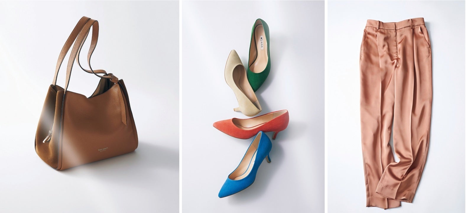 左からケイト・スペード ニューヨークのショルダーバッグ￥61,600、ダイアナの５㎝ヒールパンプス 各￥15,400、NATURAL BEAUTY BASICのサテンテーパードパンツ￥9,900