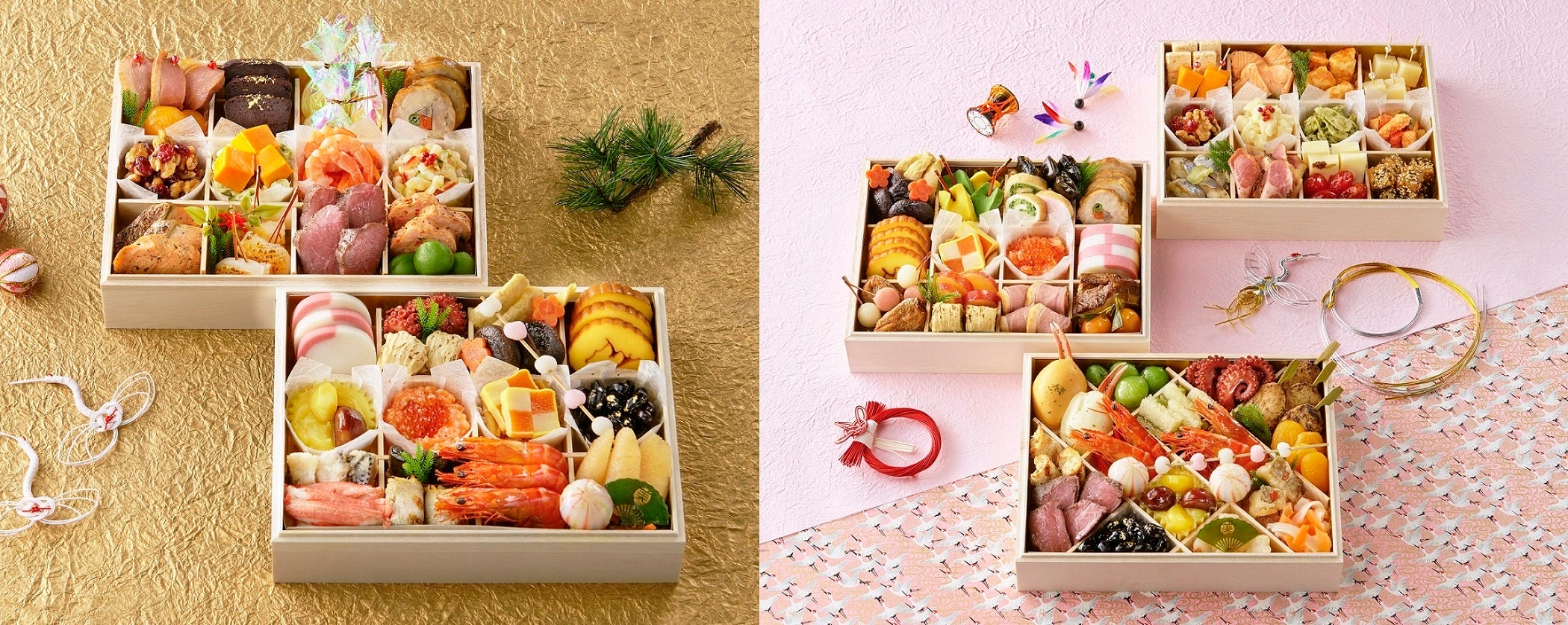 (画像左)：①美的おせち 二段重、(画像右)：②美的おせち 三段重