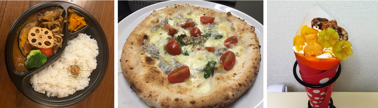 きのこたっぷり秋野菜カレー、しらすピザ、シャインマスカットクレープなど