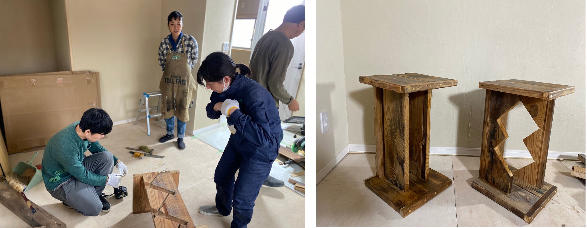 カフェのテーブルも、整備前の階段板を活用してDIYで作成