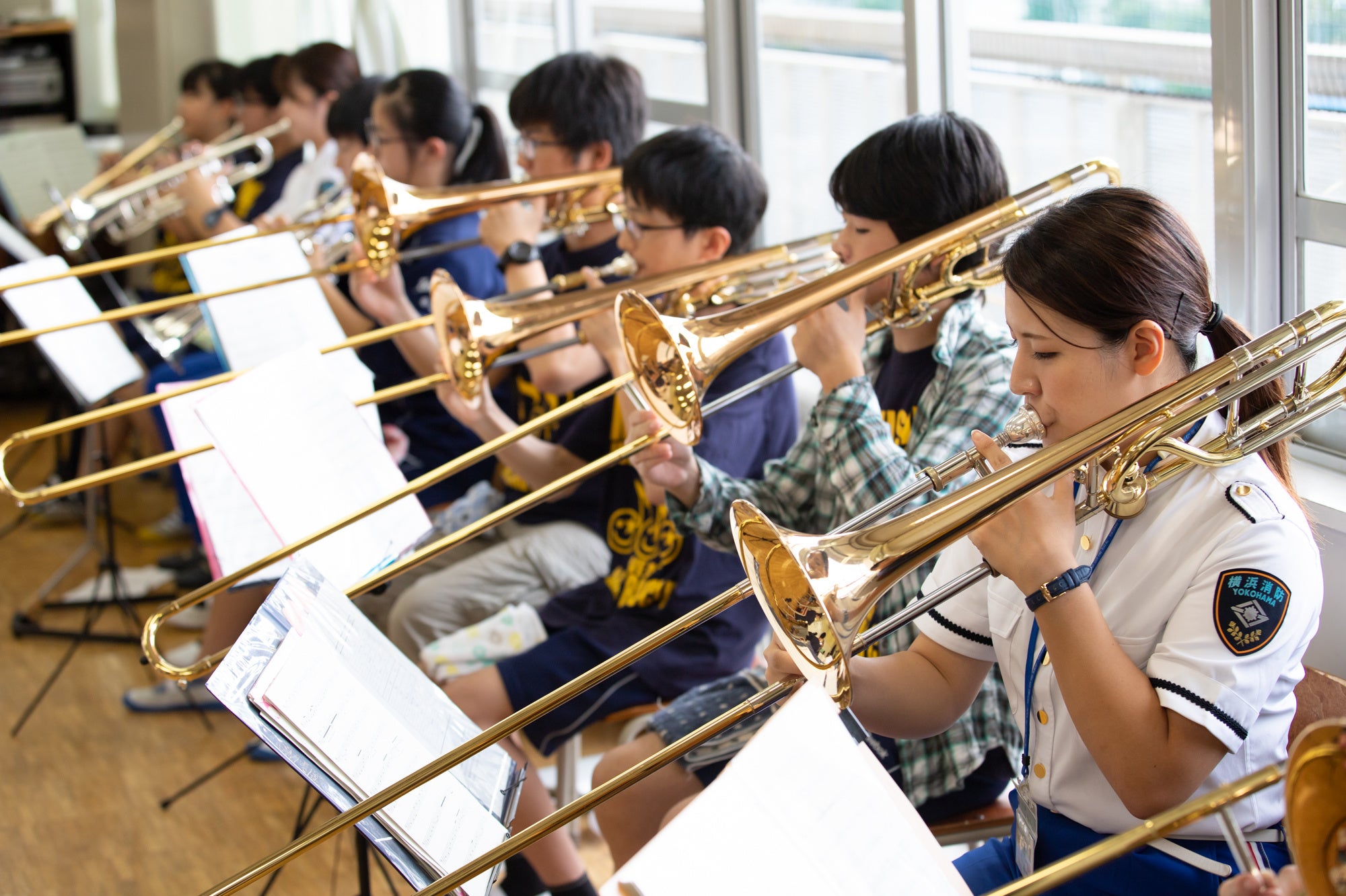 横浜市消防音楽隊による中学校吹奏楽部ワークショップ　Photo：大野隆介