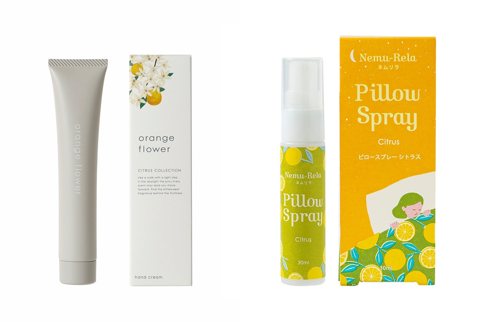 シトラスコレクションのハンドクリーム（左）、ネムリラピロースプレー（右）