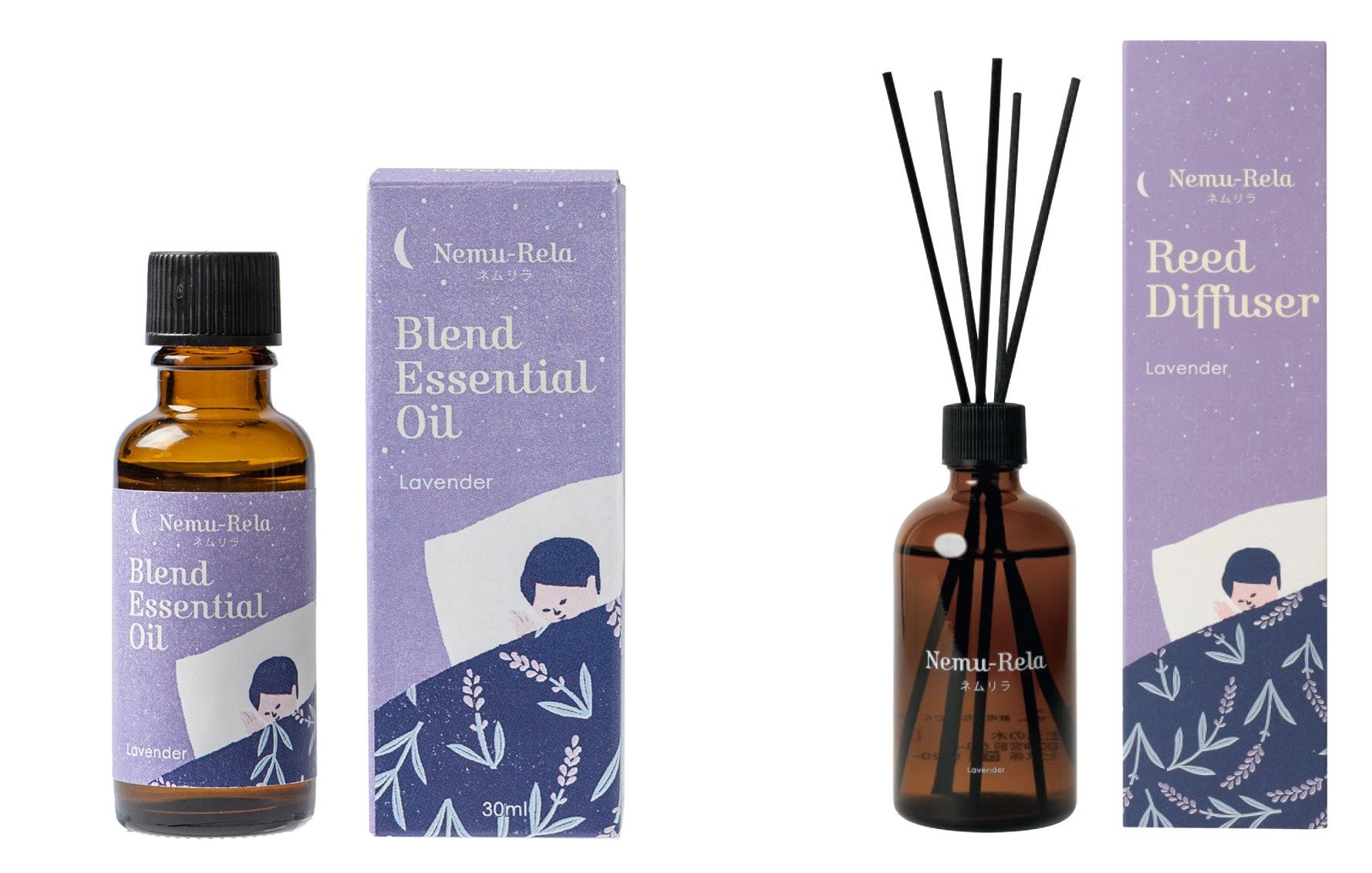 ブレンドエッセンシャルオイル(左)、リードディフューザー(右)