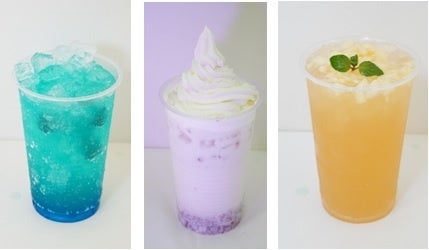左から「リムルの支配人就任ドリンク」「シュナの湯上りのオススメ♡」「ミリムのマブダチドリンクなのだ！！」 各600円（税込）