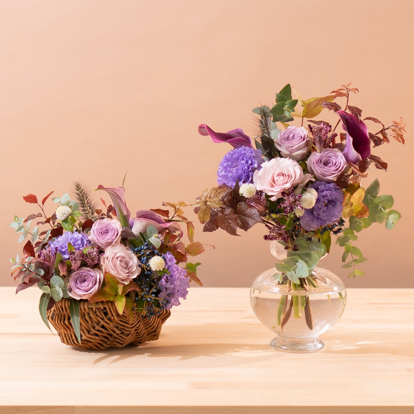 秋のアレンジメント・花束バラ パープル