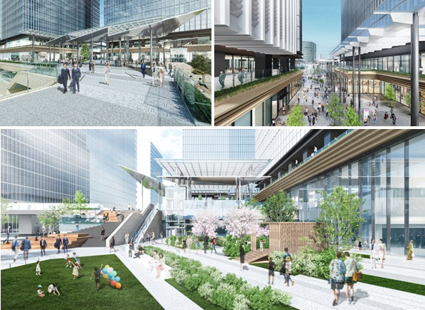 コモンスペースイメージ(上段:2階グランモールプラザ・スカイプラザ、下段:1階ゲートプラザ)