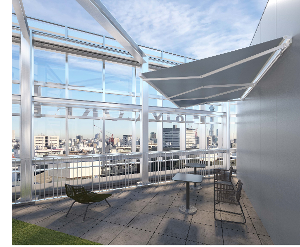 ▲屋上庭園パース（電動オーニング開状態）