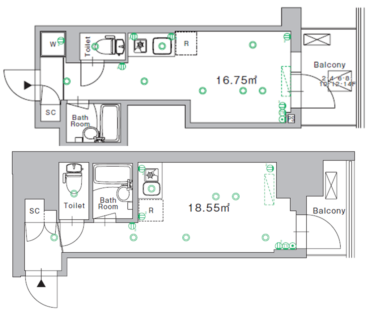 個室　代表プラン（上：16.75㎡、下18.55㎡）