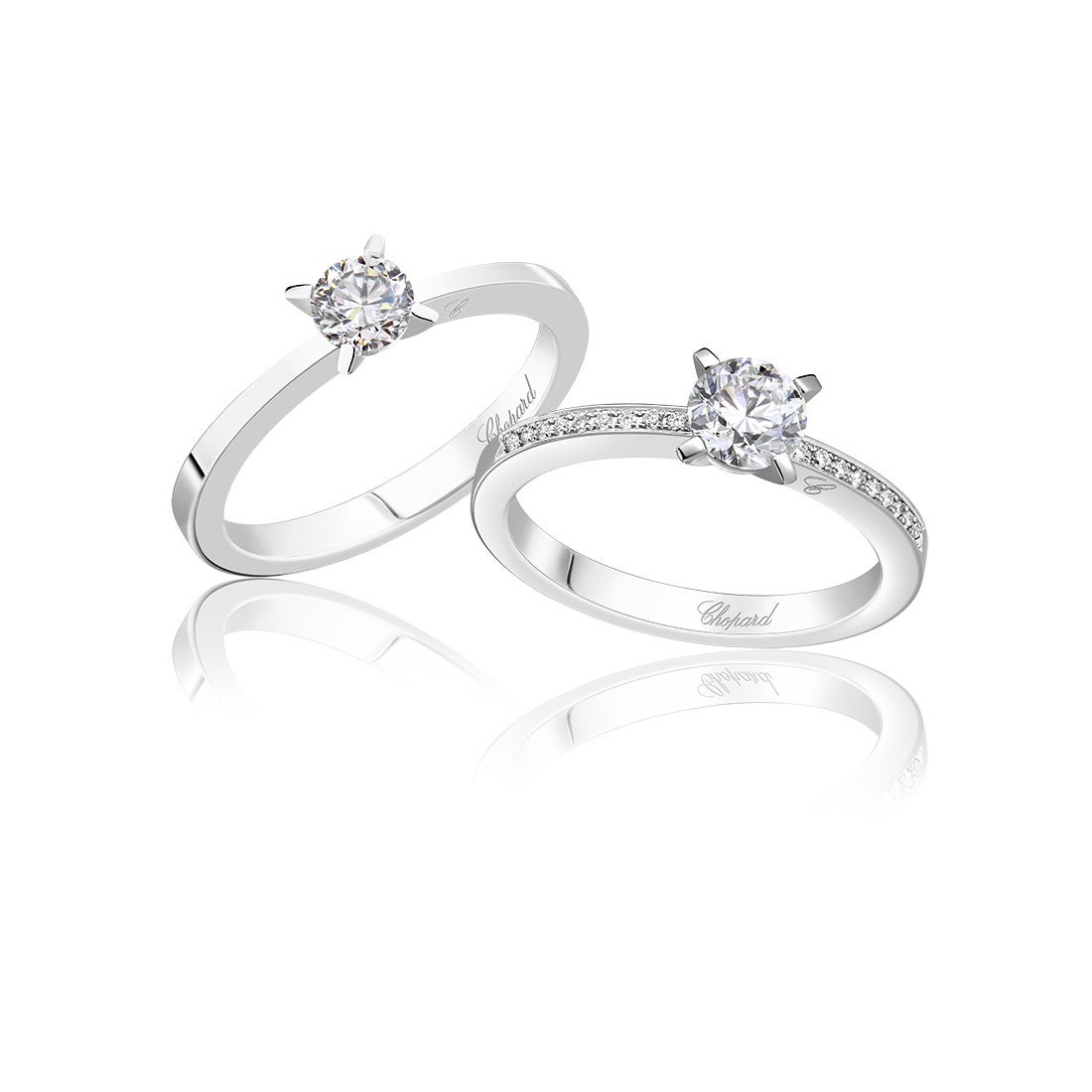 （左）ショパール フォーエバー PT 0.3ct～ ￥523,600～（右）ショパール フォーエバー パヴェ PT 0.3ct～ ￥654,500～