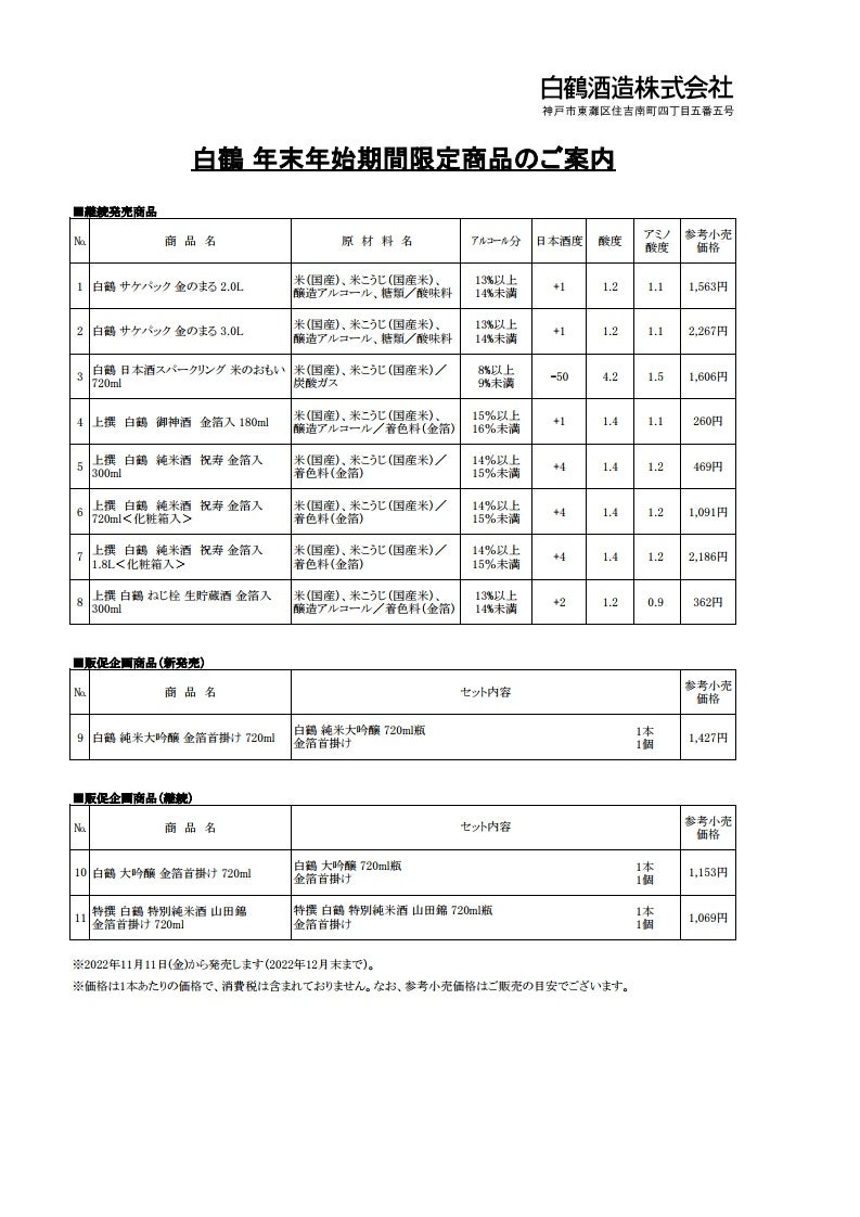 白鶴 年末年始期間限定商品のご案内