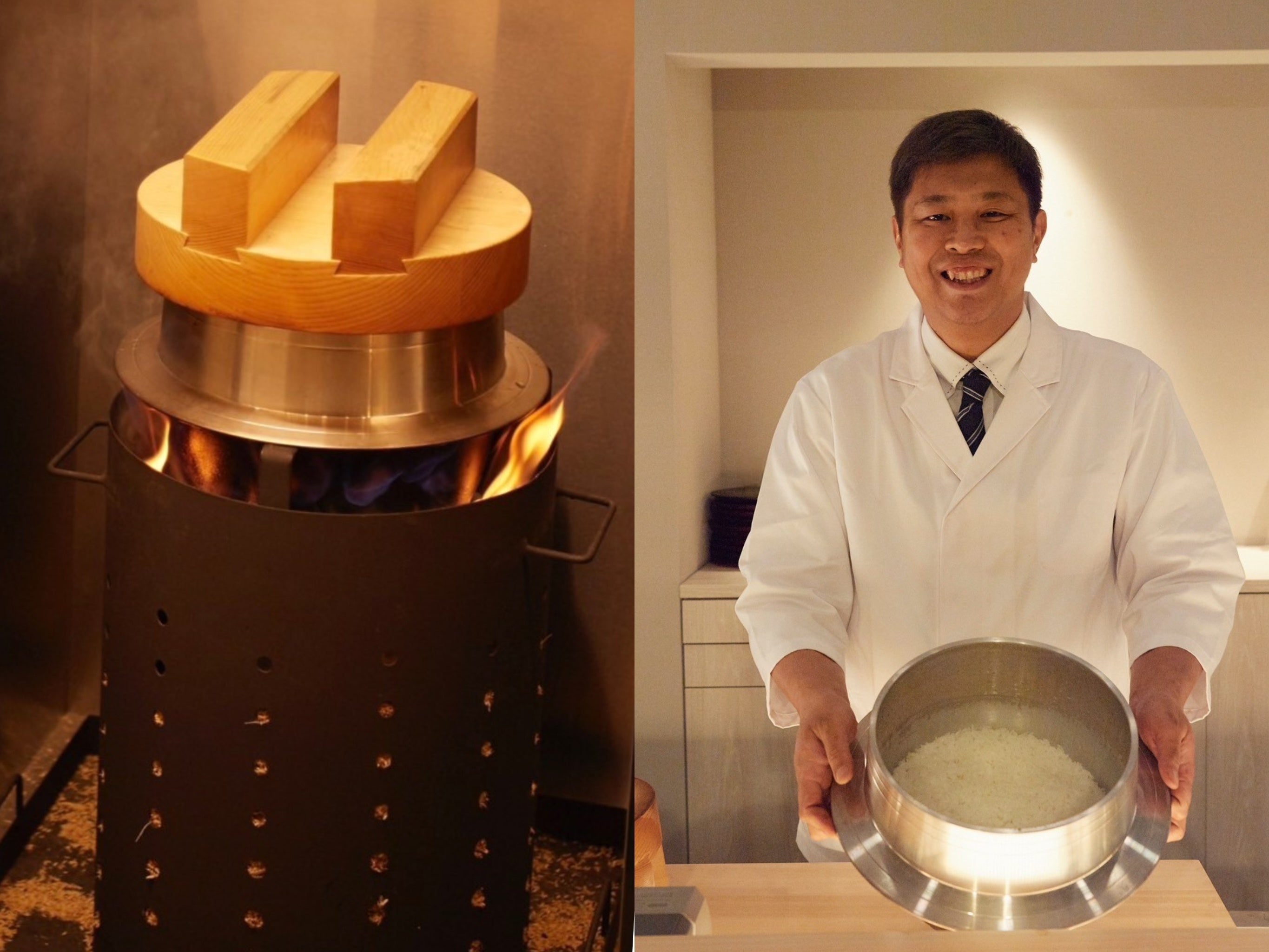 （左）伝統的な炊飯法「ねかべっつい」 （右）施膳ろくざんさ店主 水上 喜貴