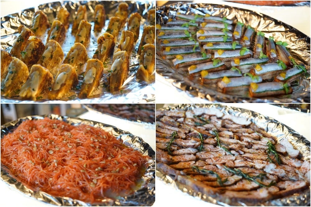 （左上）鰯のボカディージョ スペインサンドイッチ（右上）鰯のボカディージョ スペインサンドイッチ（左下）キャロットラペ（右下）チキン モルーノ風