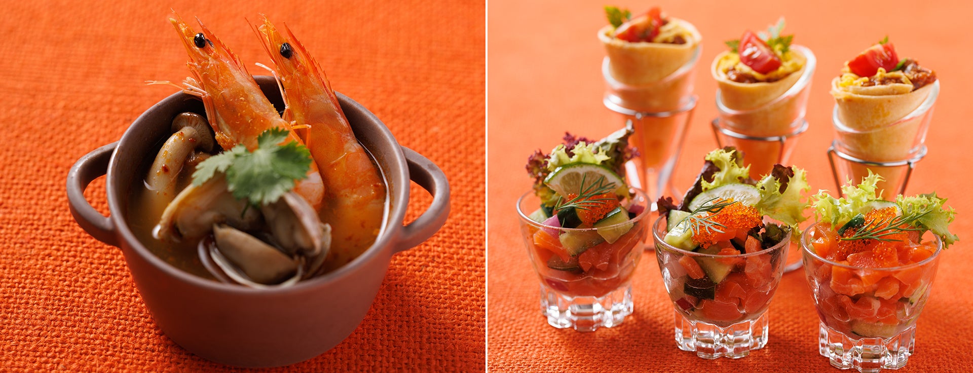 （左）トムヤンクン（右）カップ入りタコス・アミューズ