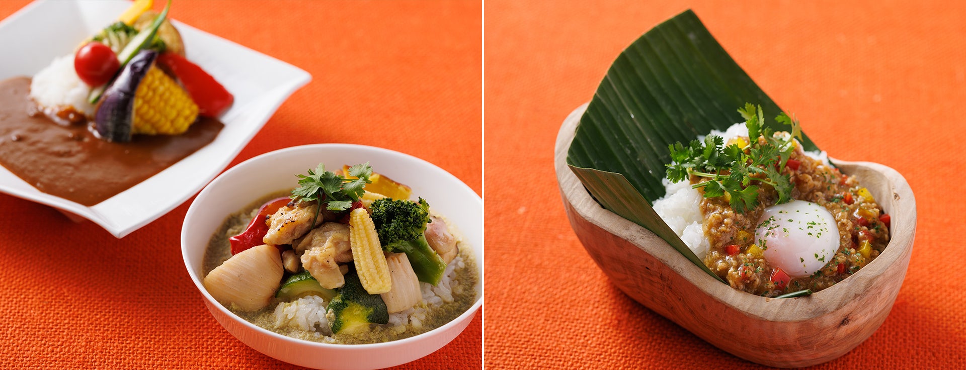 （左）カレーはグリーンカレー他（右）ガパオライス半熟卵添え
