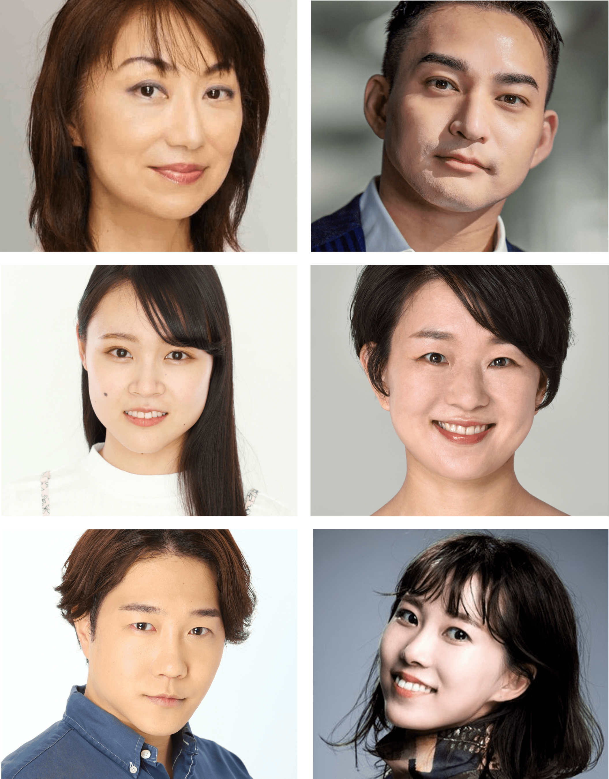   上左：藤森裕美、右：釈人、中左：岡山玲奈、右：明羽美姫、下左：仁木祥太郎、右：梅沢鮎実