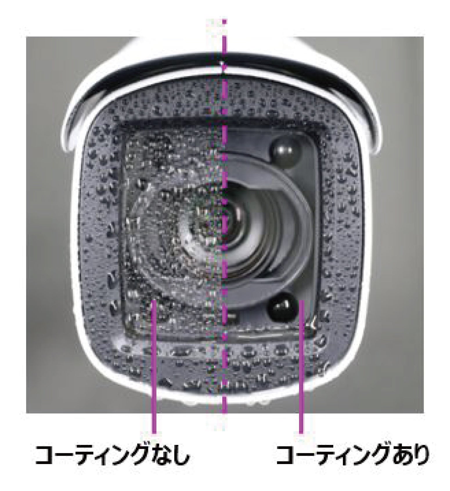 親水塗料のコーティングにより、雨天時や降雨後など視認性が低下する環境下で、雨水が水膜となって流れ落ちるため、水滴による映像への影響を抑制 （写真はキヤノンのネットワークカメラ）