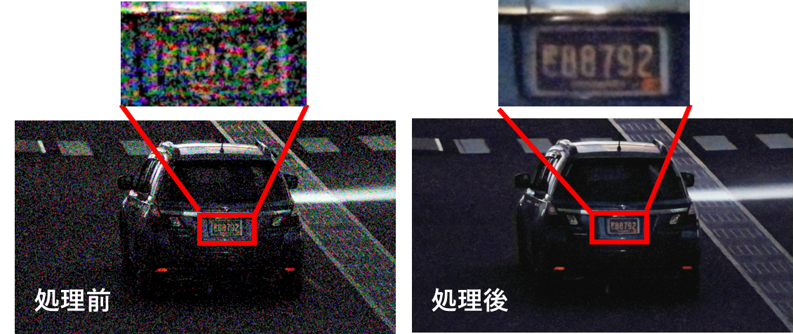 ノイズ低減処理前後の実写画像&nbsp; （撮影時照度：0.1lux、使用カメラ：MS-500）