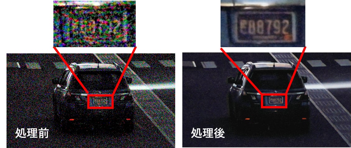 ノイズ低減処理前後の実写画像  (撮影時照度:0.1lux、使用カメラ:MS-500)