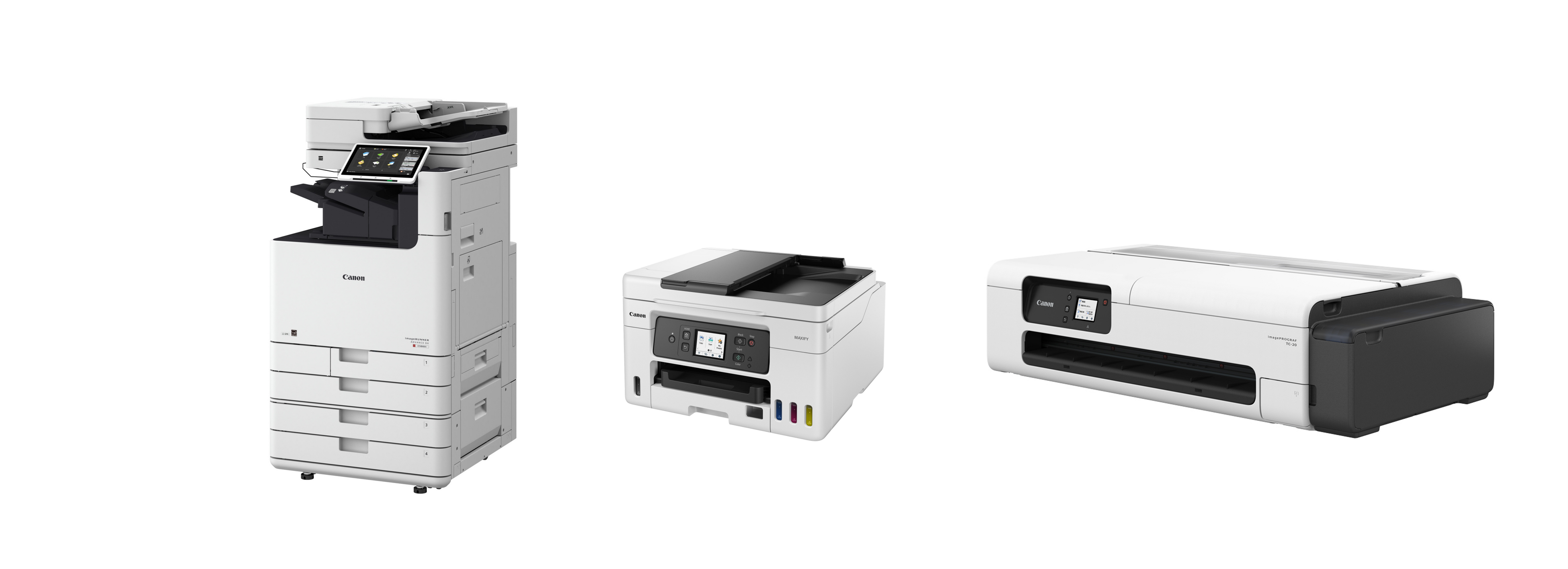 「EPEAT Climate+ designation」を取得したプリンティング製品 （左からimageRUNNER ADVANCE DX C5860i、MAXIFY GX4020、imagePROGRAF TC-20）