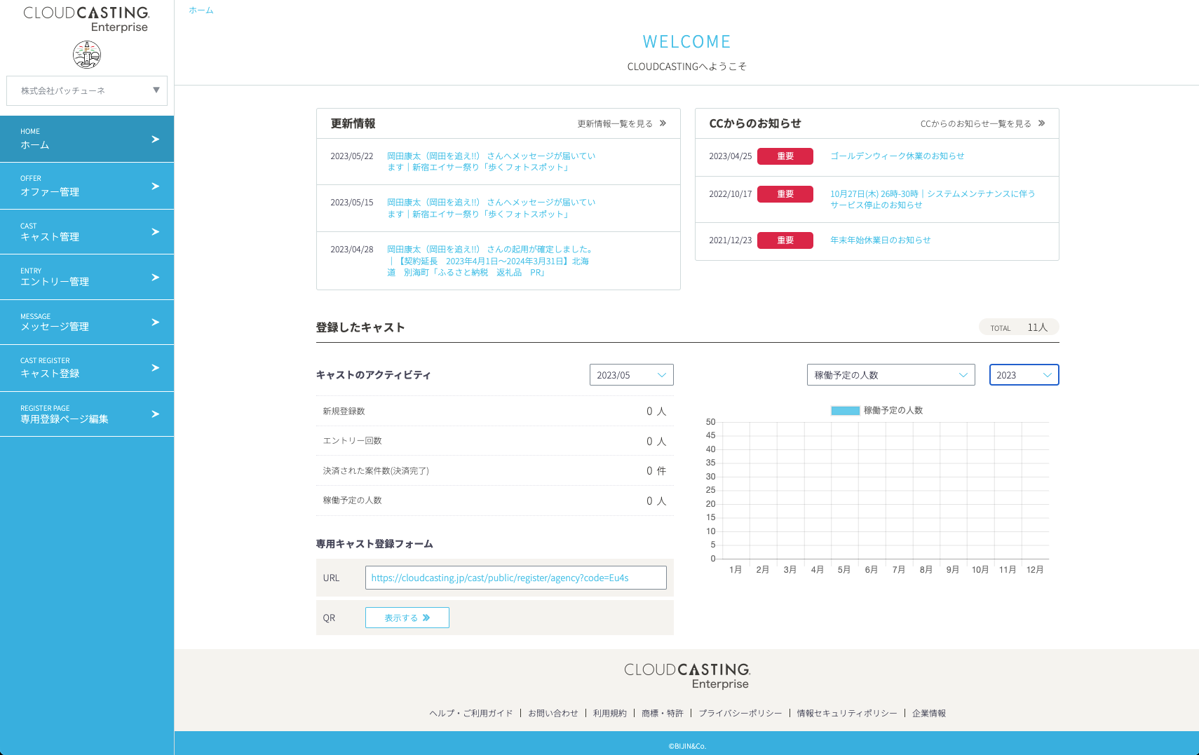 提携プロダクション専用画面
