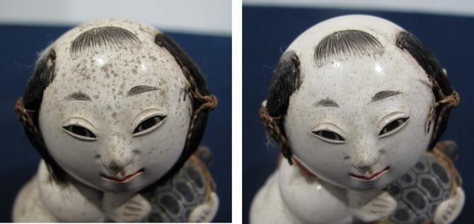 胡粉層の割損・斑点状の汚れ等の修復　（御所人形 つくね（部分）処置前・処置後 江戸時代）
