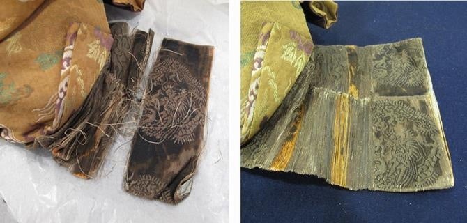 劣化した繊維の修復（八人雅楽（部分）処置前・処置後 江戸時代）