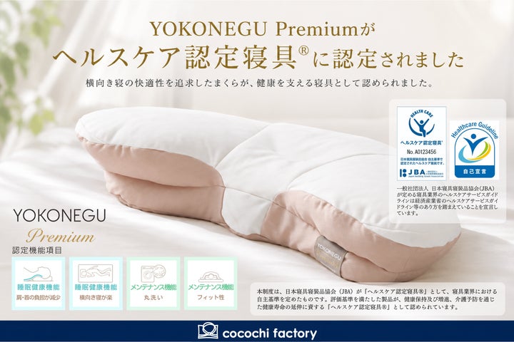 YOKONEGU Premium」がヘルスケア認定寝具®に認定―――横向き寝の快適性を YOKONEGU Premium」がヘルスケア認定寝具®に認定―――横向き寝の快適性を