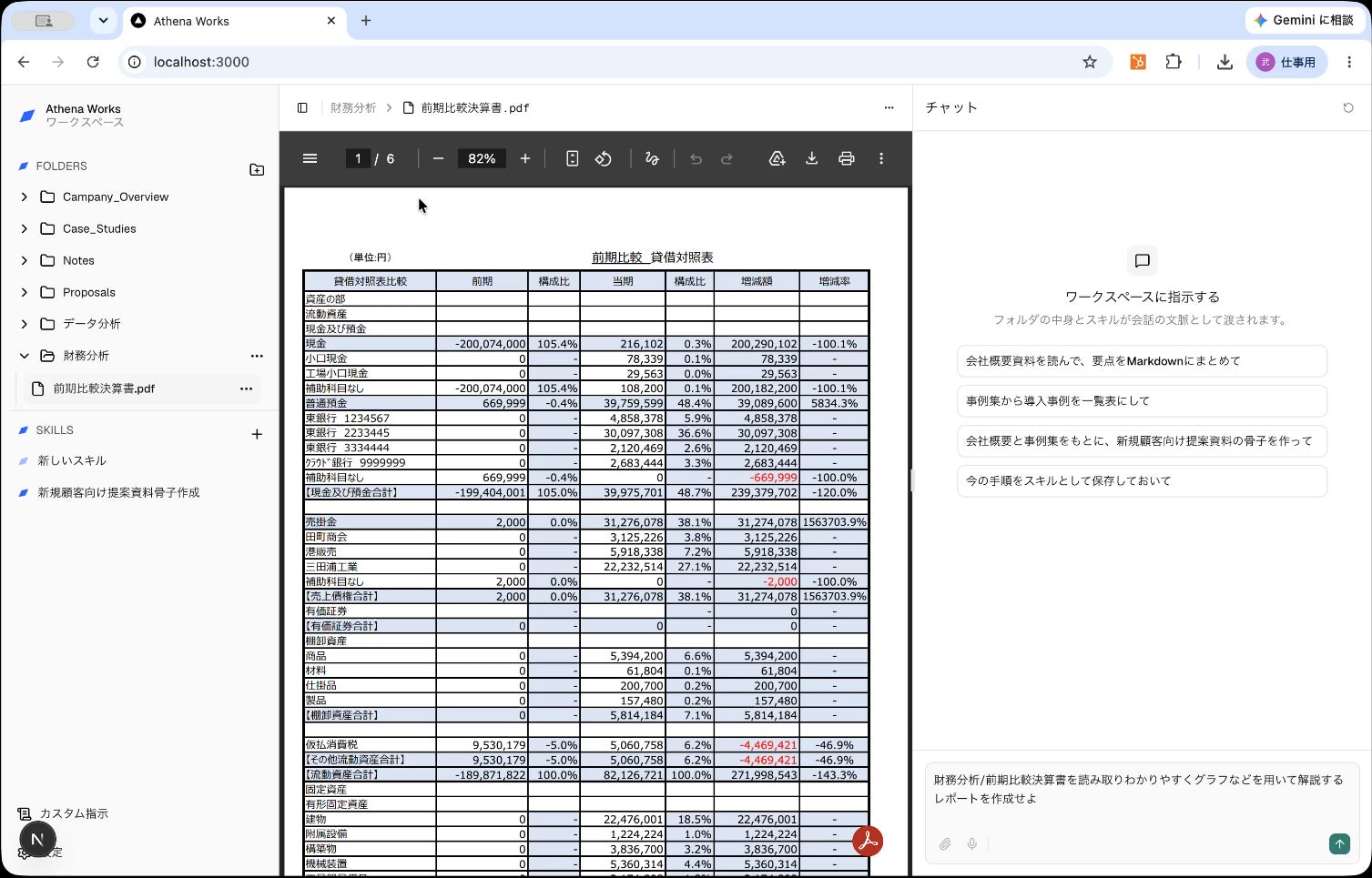 サイドバーから参照するドキュメントやプロジェクトファイルを選択し、日本語による指示を行う