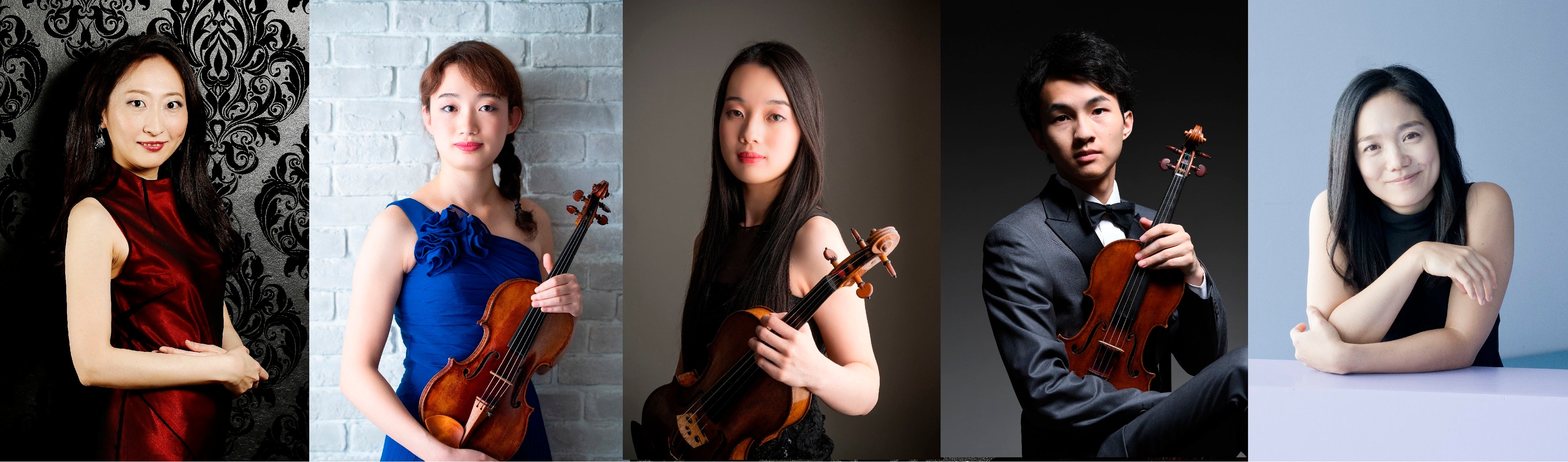 左から広瀬悦子（ピアノ©Caroline Doutre）、毛利文香（ヴァイオリン）、田原綾子（ヴィオラ©Hisaji  Morifuji）、大江馨（ヴァイオリン©Shigeto Imura）、河村尚子（ピアノ©Marco Borggreve）