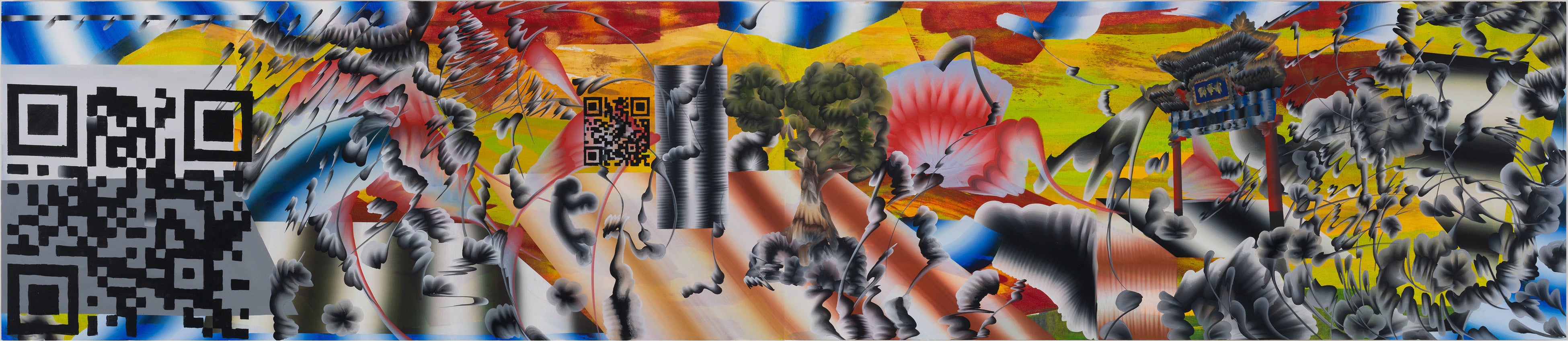 《中華風》　2022年　パネルに綿布、ジェッソ、アクリル　75×322cm　撮影：山中慎太郎