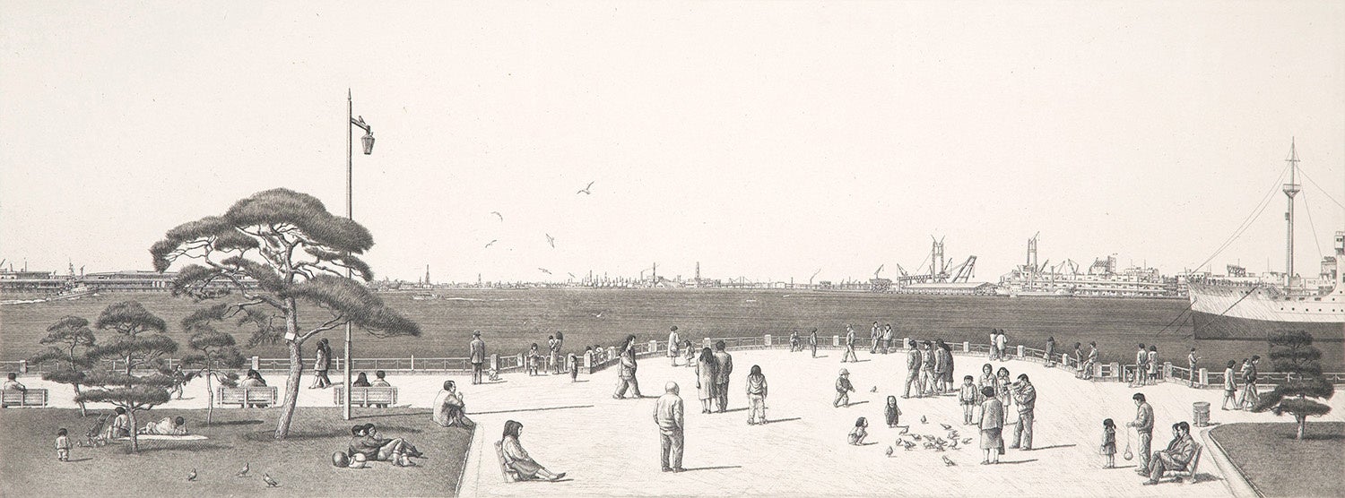 相笠昌義《山下公園の日曜日》1988年 エッチング、アクアチント 30.0×73.9cm