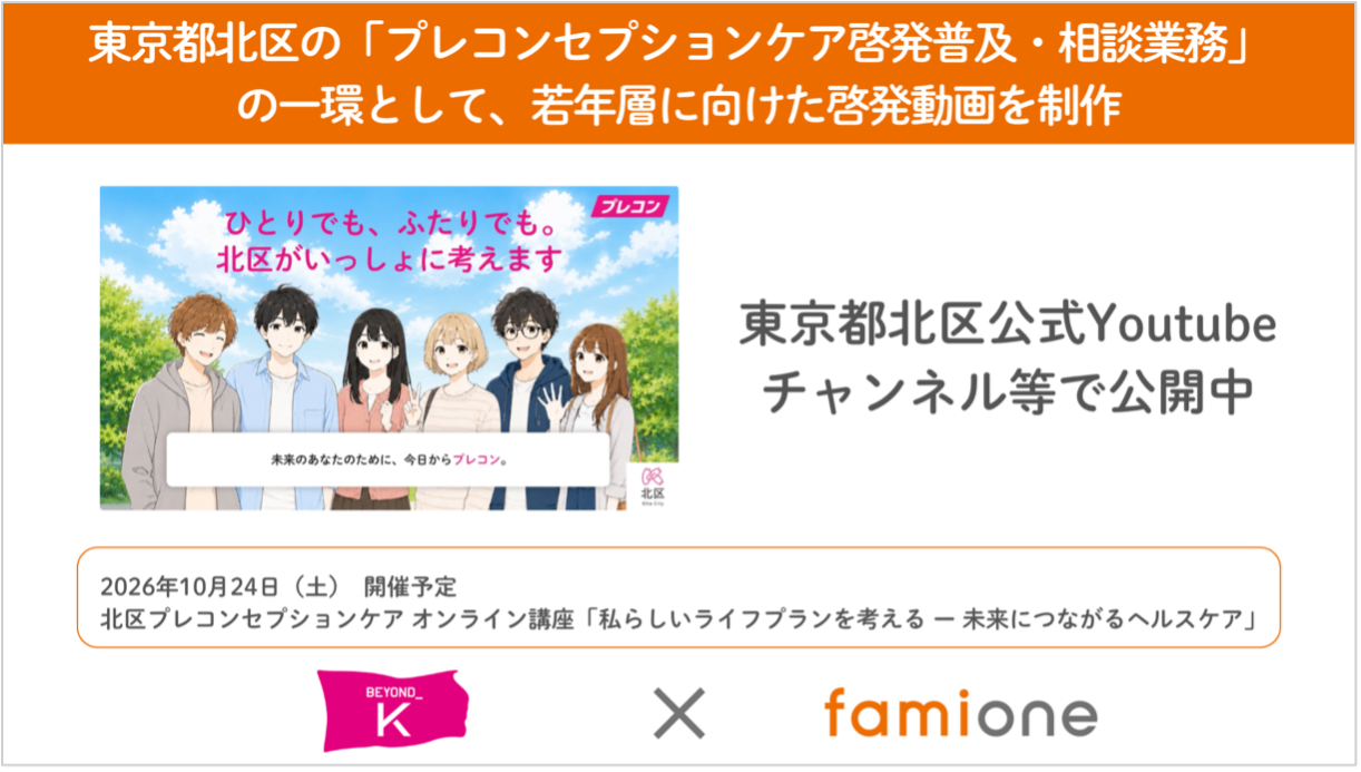 東京都北区の「プレコンセプションケア啓発普及・相談業務」の一環として若年層に向けた啓発動画を制作し、東京都北区公式YouTubeチャンネル等で公開