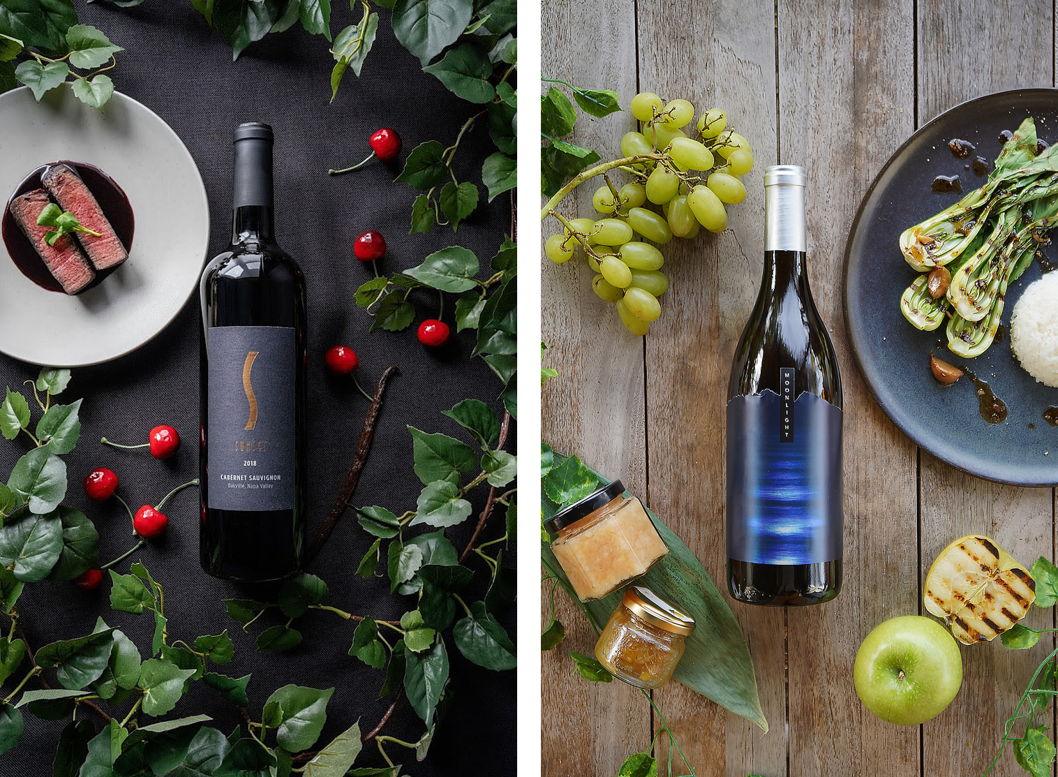 カベルネ・ソーヴィニョン ナパ・ヴァレー オークヴィル 2018（左）／ ムーン・ライト シャルドネ 2021（右）