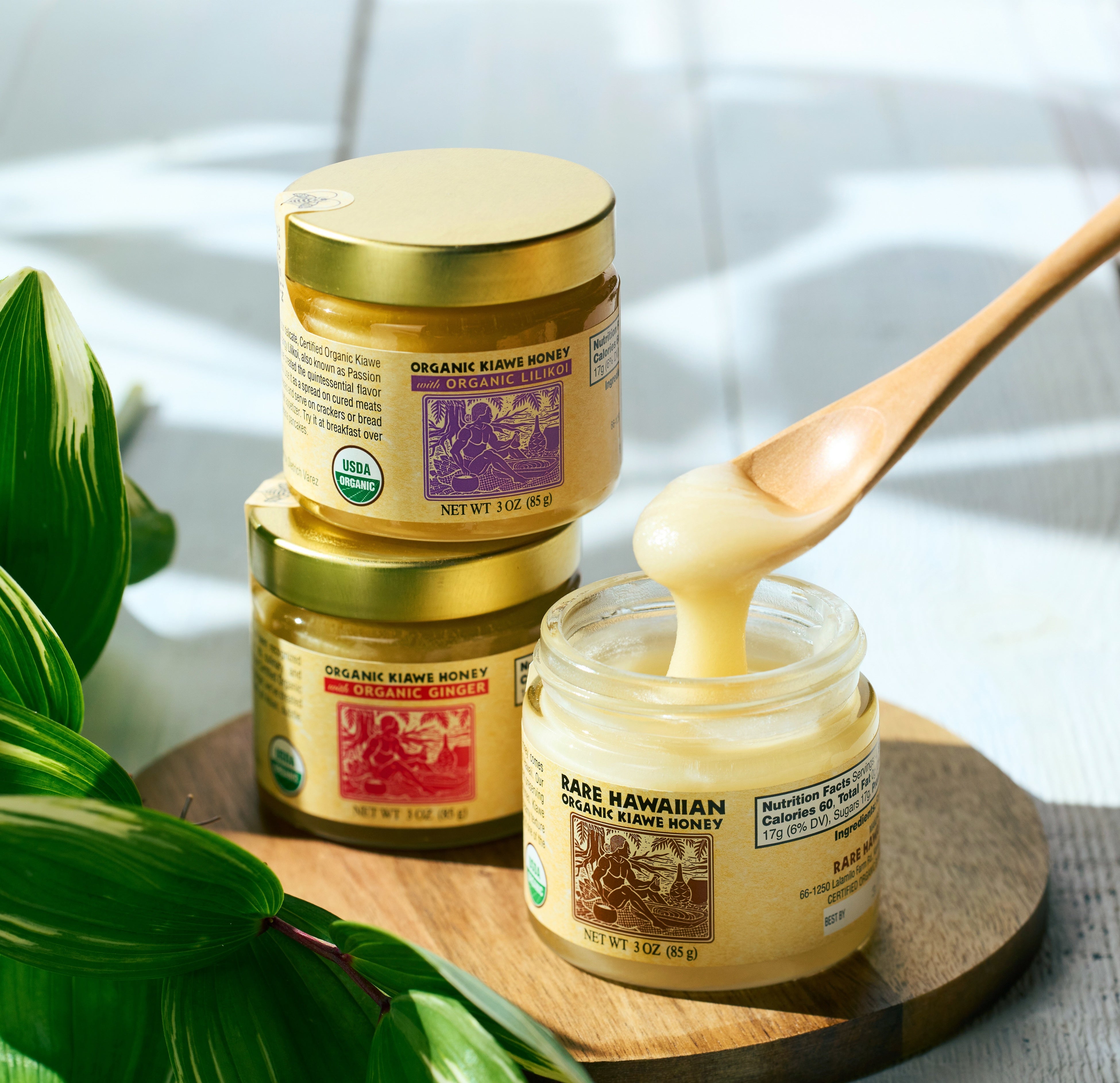 「レア ハワイアン ハニー」 レア ハワイアン オーガニック ホ ワイトハニー3種お試しセット(プ レーン、ジンジャー、リリコイ 各 1個〈85g〉)7,776円 ◎9階 祝祭広場