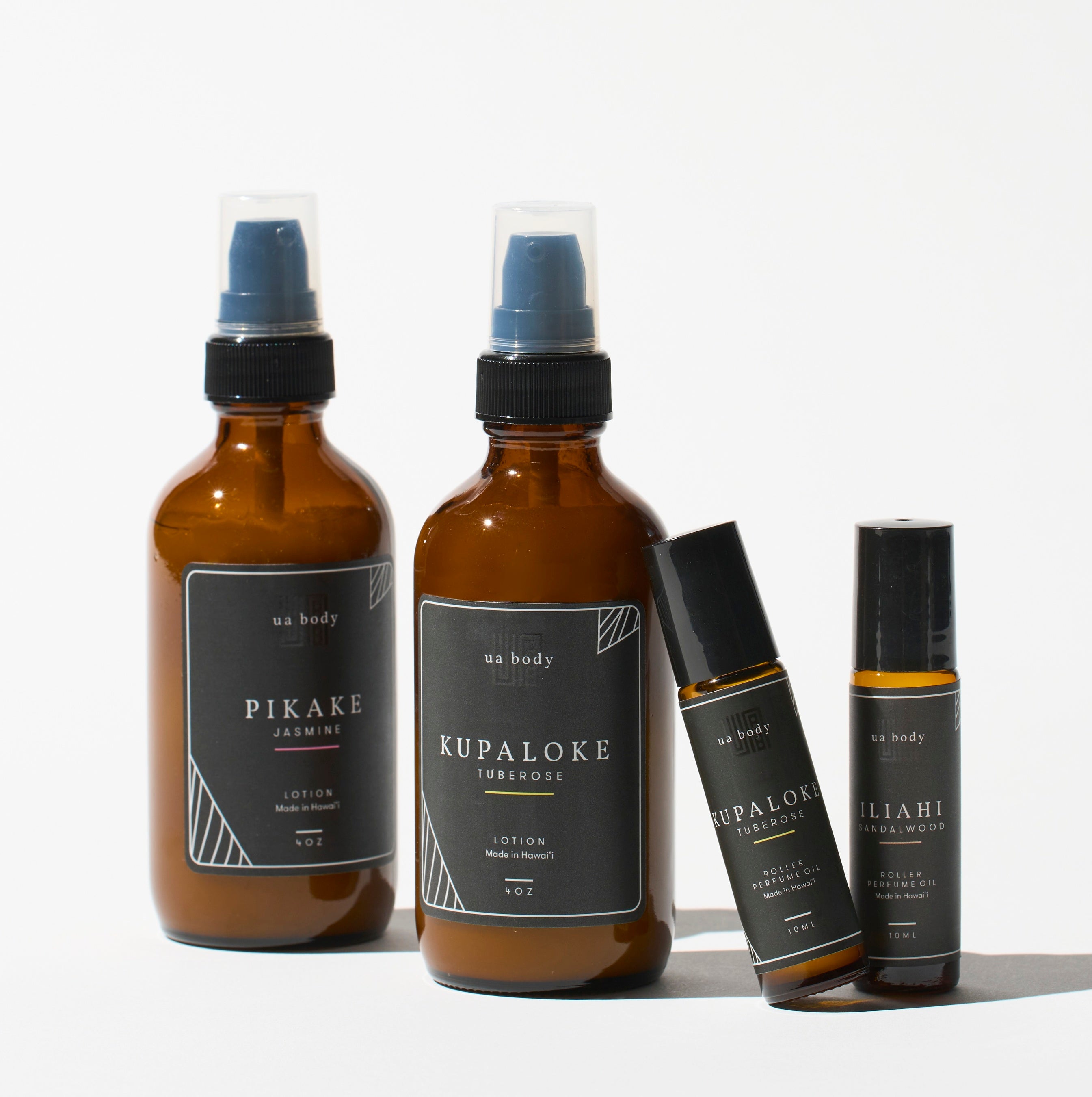 「ウアボディ」 ローション(ジャスミン、チューブロー ズ)115ml 各5,060円、 ロールオンパヒュームオイル(チューブ ローズ、サンダルウッド)各10ml 各3,630円 ◎9階 祝祭広場