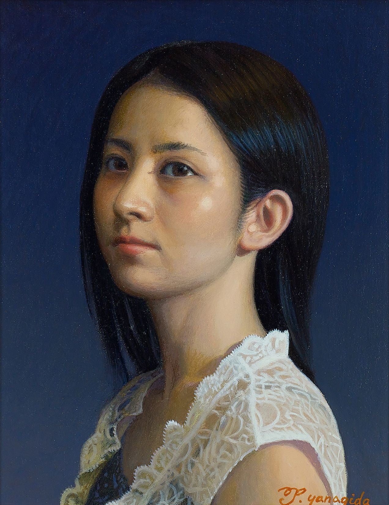 柳田補「群青のまなざし」 （油彩・キャンバス、Ｆ３号） ３８５,０００円