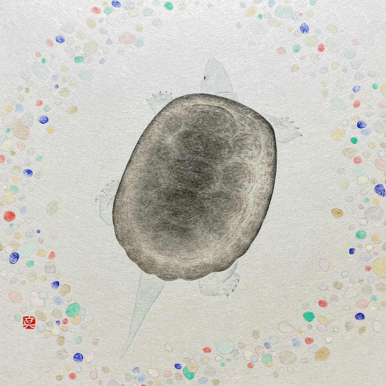 「亀」 ( 墨・岩絵具・雲肌麻紙・金銀泥、SSM、額装付) 77,000円