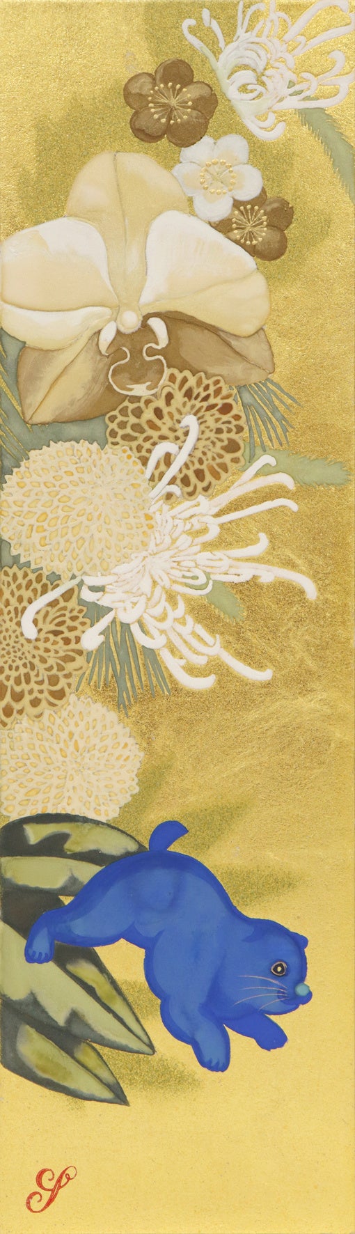 「いぬ」 （雲肌麻紙・金箔・雲母・岩絵具、10×35㎝） 253,000円