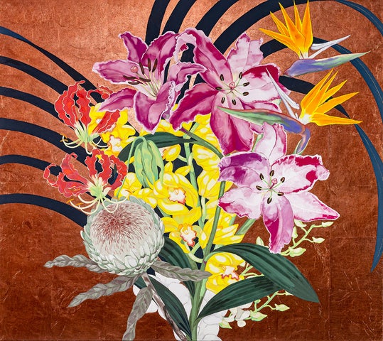 「harmony」（雲肌麻紙・岩絵具・銅箔・銅粉、80×90cm） 1,045,000円　 　　　　　　　　☆作品説明　 種は違えど咲き誇る花達がかなでる生命の調和を描い ています。