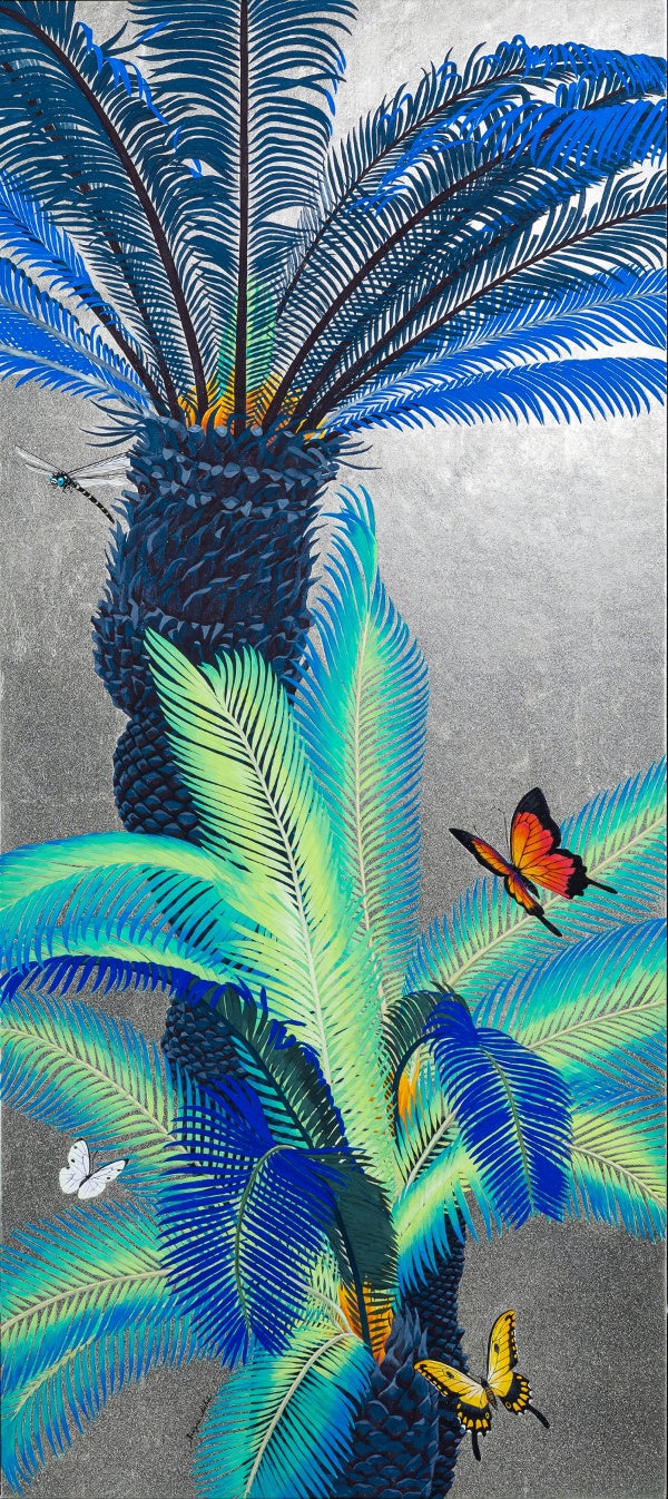 「delight」（雲肌麻紙・岩絵具・金箔（定色）・雲母 、50×112cm）1,045,000円☆作品説明 動植物の湧き出る生命と歓喜を描いており、※about herの布を使った額装で、コラボレ ーション商品としてスカーフ・手拭いを展開いたします。　