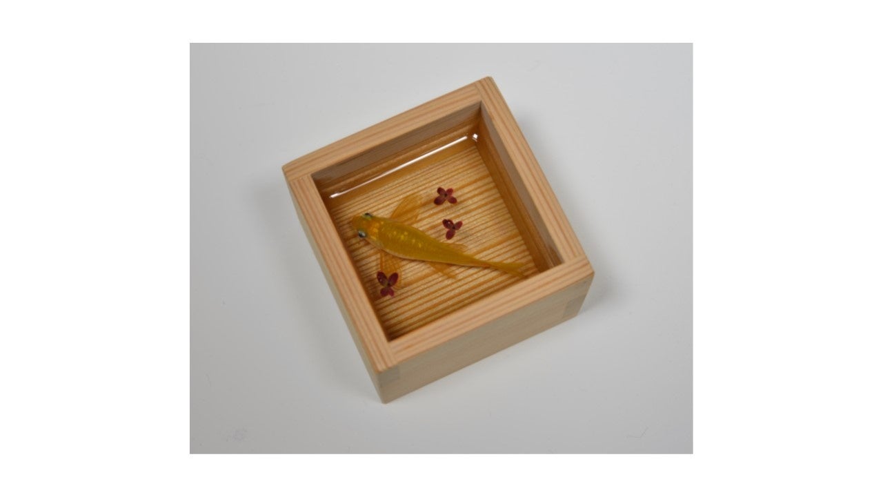 「金魚酒　命名　黄夕」　 （赤杉五勺枡・超難黄変エポキシ樹脂・アクリル絵具 、6.8×6.8×4.5cm） 660,000円　　　　　 ※抽選販売となります。