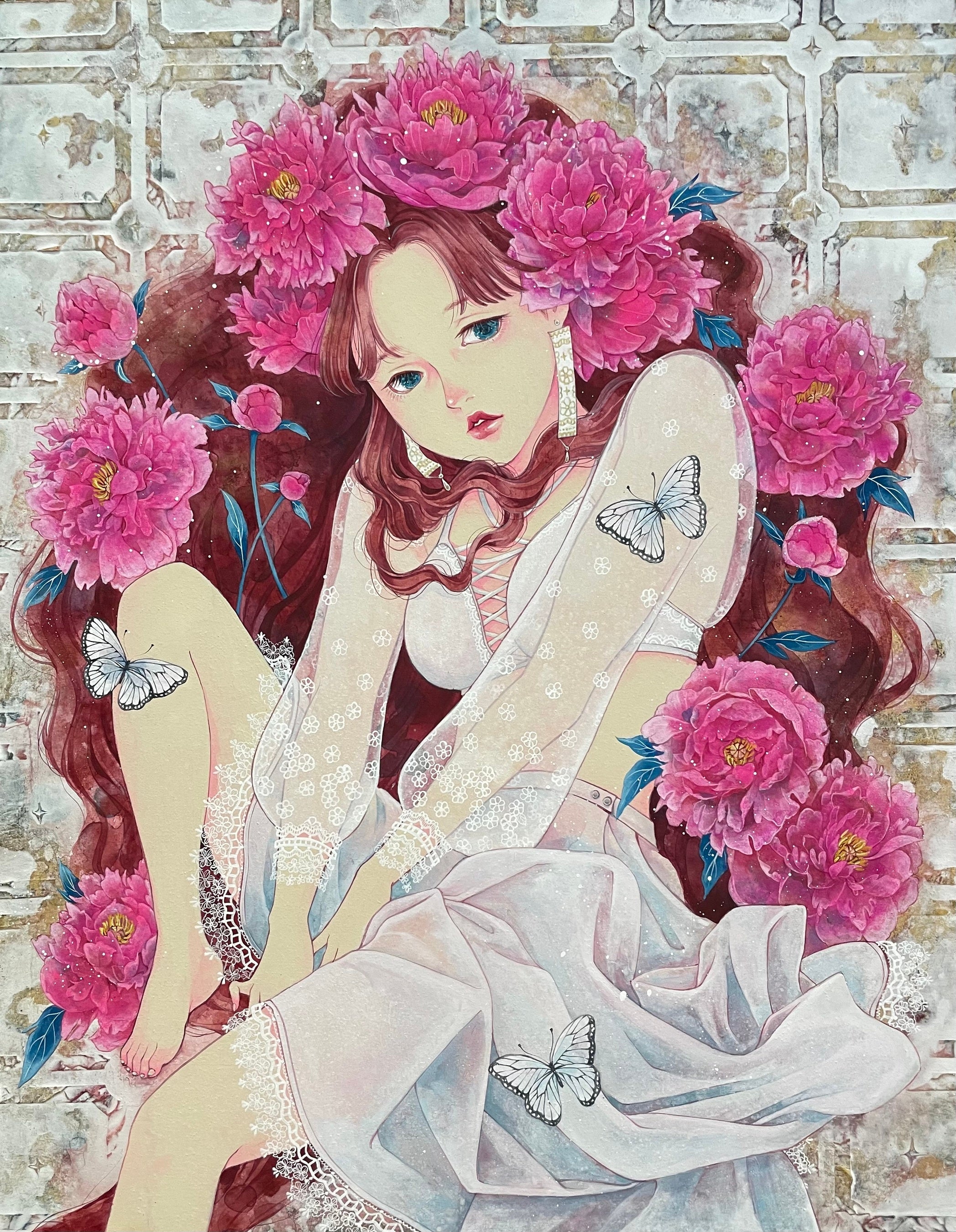大型９０✕７８センチ手描き額装日本美人画旧家蔵出し作者不詳ヴィンテージ絵画当時物 OTONARI】