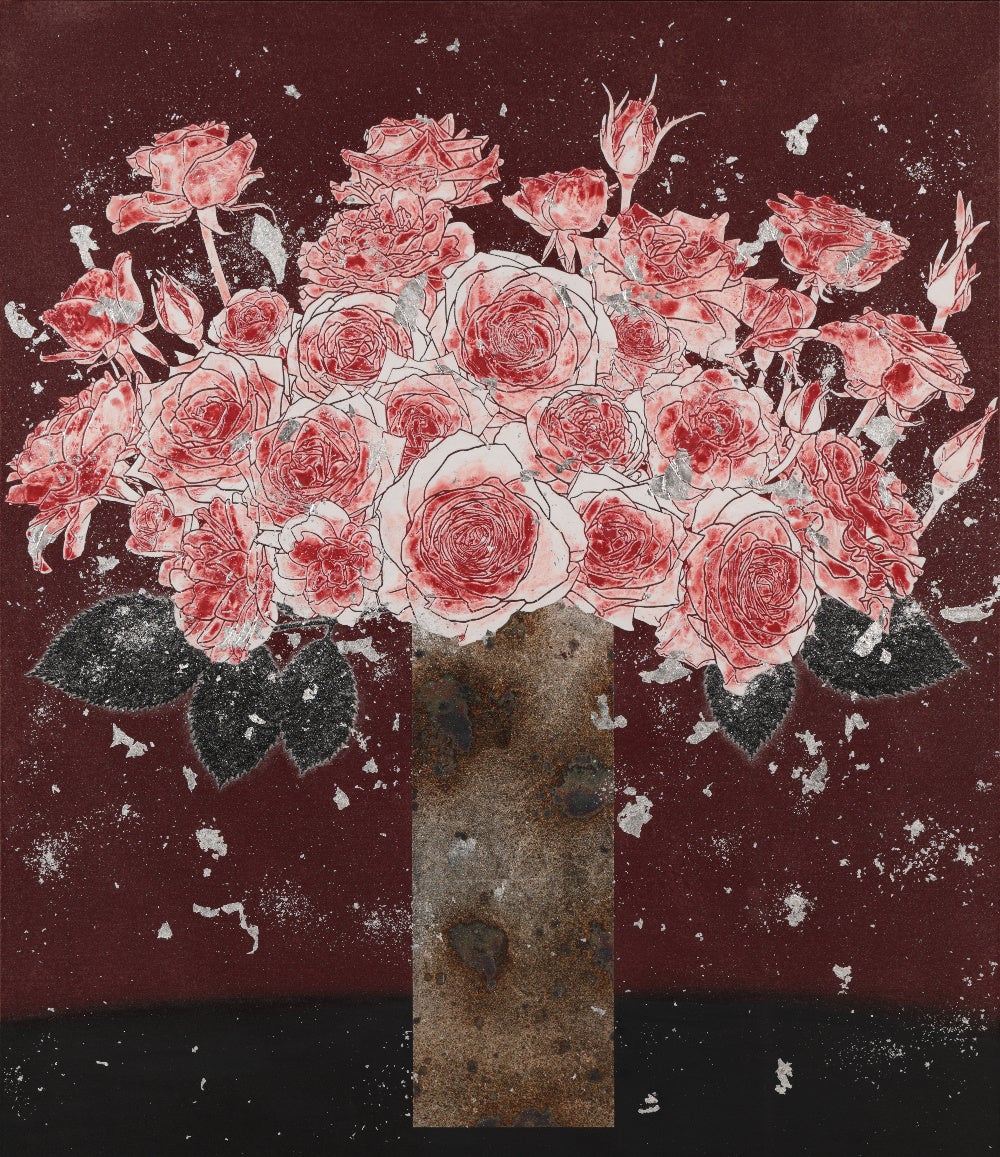 平田望「花瓶と薔薇」 (和紙・岩絵具・銀箔、F10号) 550,000円