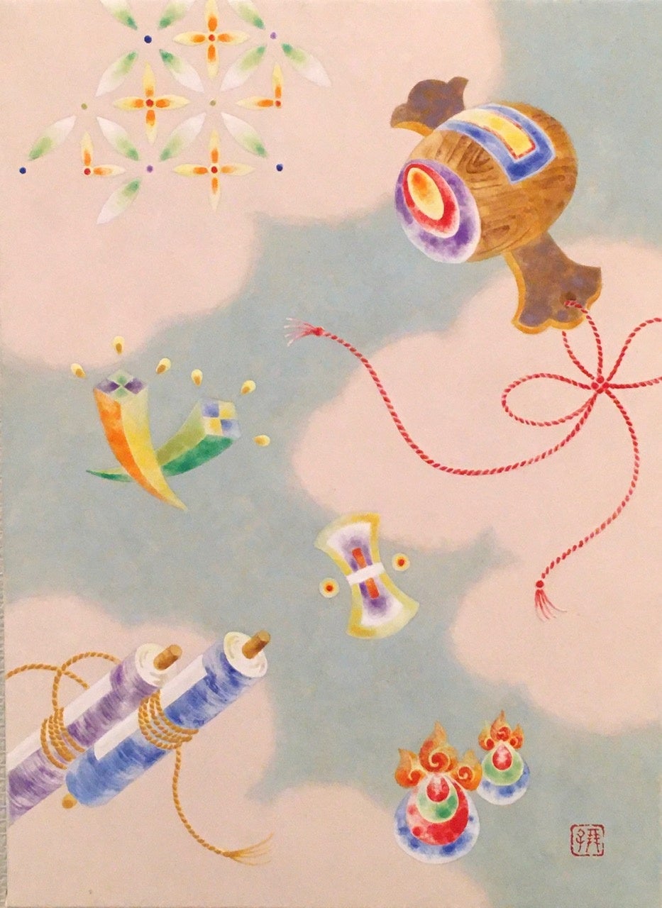 （ご成約済） 松田朋子「宝尽くし」 （紙本着色、4号、額装付）