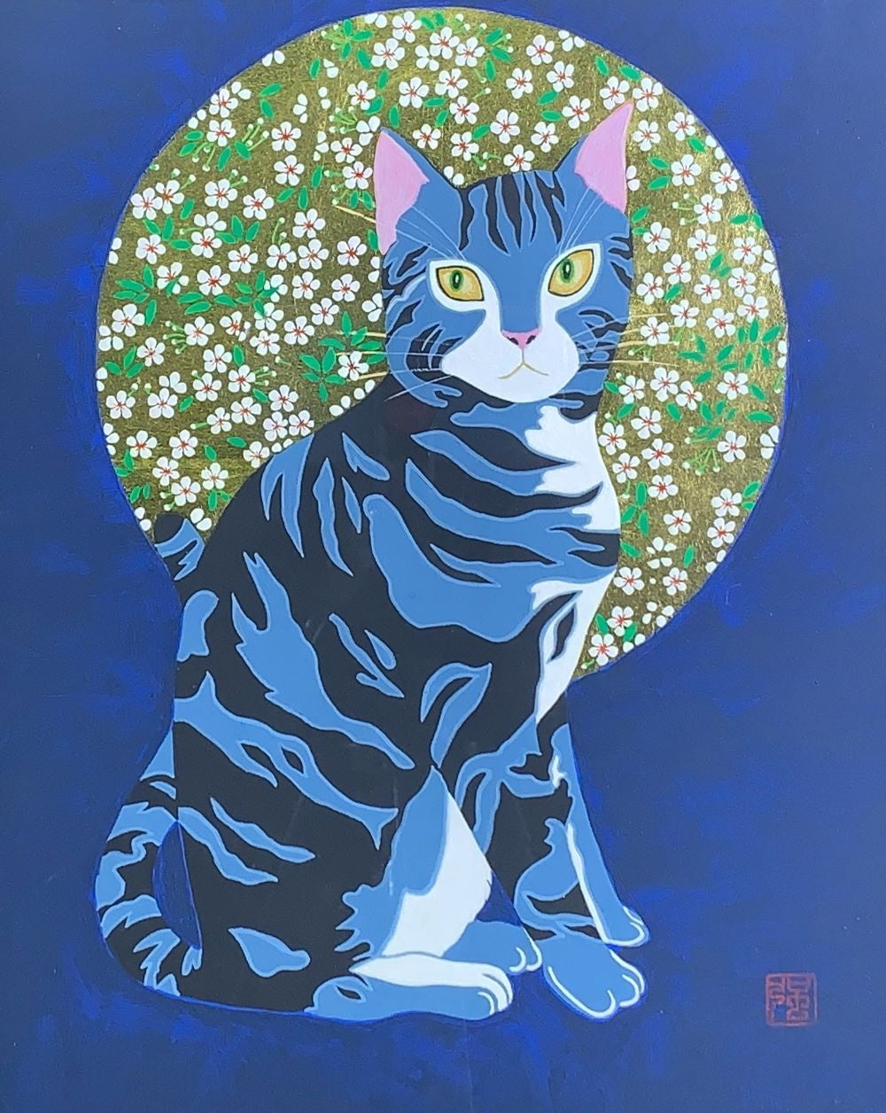 「笑うネコ」 （麻紙に岩絵具・金箔 、F３号） 264,000円