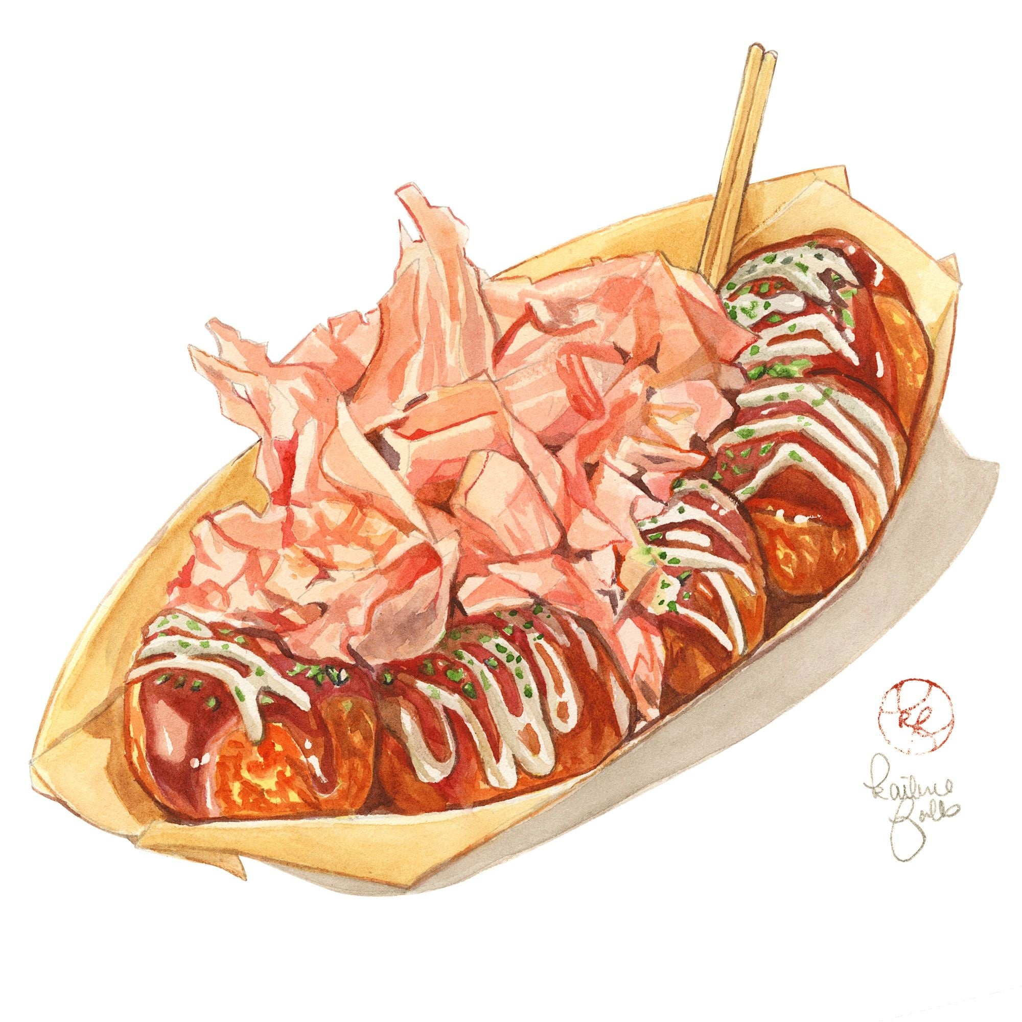 「たこ焼き」 （水彩、21x14.8cm） フレーム有：27,500円　　　　　　　　　　フレーム無：22,440円